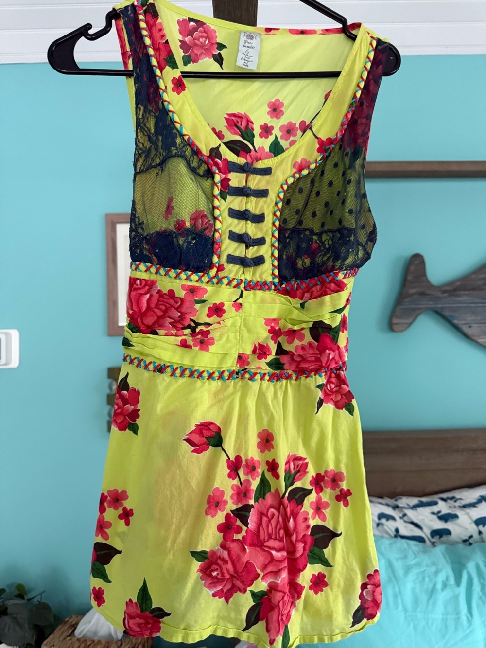 Free People Lemon Lime Floral Slip top Pink Blossoms/ lace accents